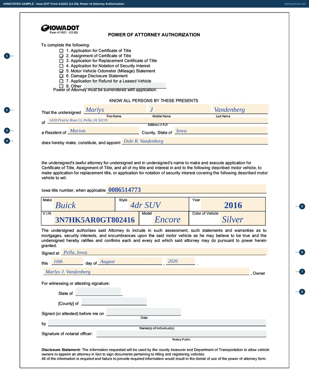 A completed Iowa DOT Form 411021, Power of Attorney Authorization. Tick boxes two, five and six are marked, for assignment of certificate of title, the motor vehicle odometer statement and the damage disclosure statement. The undersigned is Marlys J. Vandenberg of 1418 Prairie Rose Ct, Pella, Iowa, a resident of Marion County, Iowa, who appoints Dale R. Vandenberg. The vehicle boxes carry the Iowa title number, the make, style, year, vehicle identification number, model and colour of a silver 2016 Buick Encore. The signed-at block gives Pella and a date of 10 August 2026, and the notarial block at the foot is shaded grey.