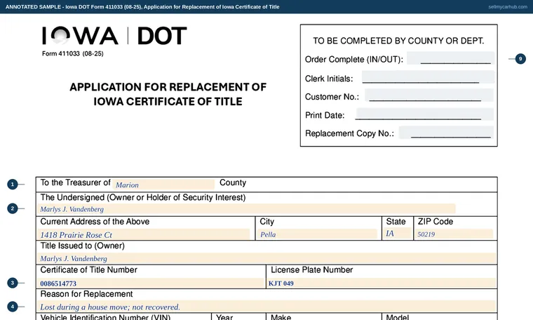 Top of our filled-in example of Iowa 411033, Application for Replacement of Iowa Certificate of Title to a Motor Vehicle