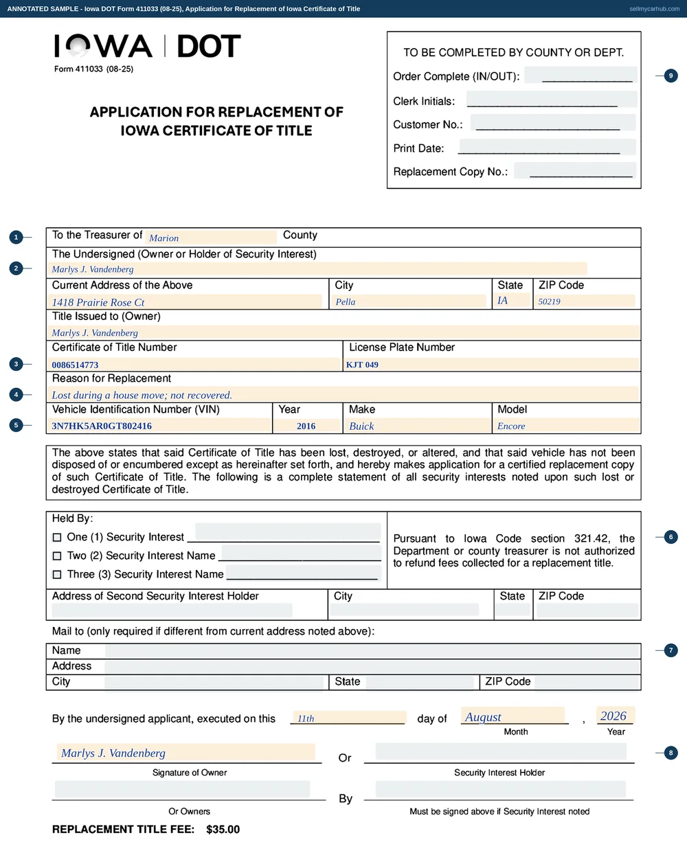 A completed Iowa DOT Form 411033, Application for Replacement of Iowa Certificate of Title to a Motor Vehicle, addressed to the treasurer of Marion County. The undersigned is Marlys J. Vandenberg with an address in Pella, Iowa, the title was issued to the same name, and the certificate of title number and plate number are given. The reason for replacement reads that the original was lost in a house move. The vehicle boxes show a 2016 Buick Encore with its vehicle identification number, and the executed-on date and owner signature are completed. The security interest blocks and the mail-to block are shaded grey.