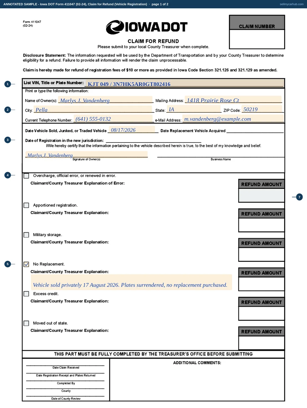 A completed Iowa DOT Form 411047, Claim for Refund, page one, filled in for a sold vehicle with no replacement. The vehicle is identified by its plate number and vehicle identification number, the owner is Marlys J. Vandenberg of 1418 Prairie Rose Ct, Pella, Iowa 50219, with a telephone number and an email address, and the date the vehicle was sold is given as 17 August 2026. The No Replacement reason box is ticked with an explanation that the vehicle was sold privately and the plates surrendered, and the remaining five reason boxes are shaded grey along with the county treasurer's block at the foot of the page.