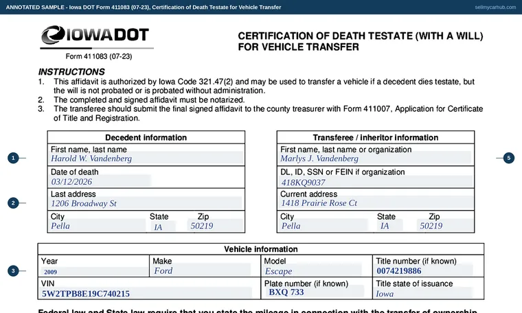 Top of our filled-in example of Iowa 411083, Certification of Death Testate (With a Will) for Vehicle Transfer
