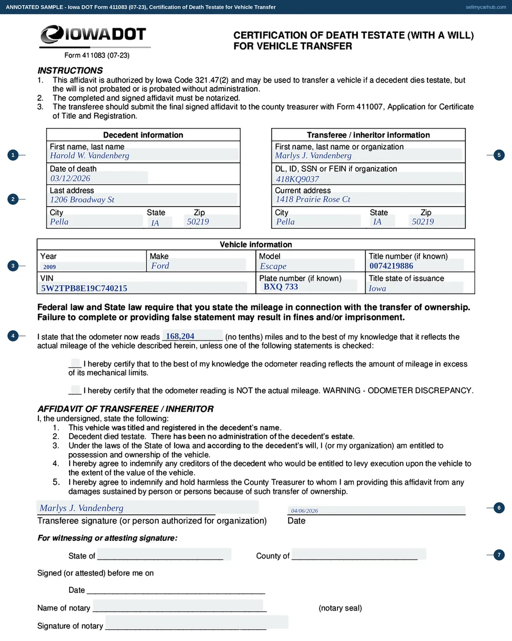 A completed Iowa DOT Form 411083, Certification of Death Testate for Vehicle Transfer. The decedent block names Harold W. Vandenberg, a date of death of 12 March 2026 and a last address in Pella, Iowa. The transferee block names Marlys J. Vandenberg with an Iowa driving licence number and an address in Pella. The vehicle block shows a 2009 Ford Escape with its title number, vehicle identification number, plate number and Iowa as the state of issuance. The odometer reads 168,204 miles with neither exception ticked. The transferee signature and date are completed and the notarial block at the foot is shaded grey.