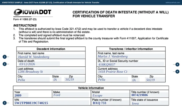 Top of our filled-in example of Iowa 411088, Certification of Death Intestate (Without a Will) for Vehicle Transfer