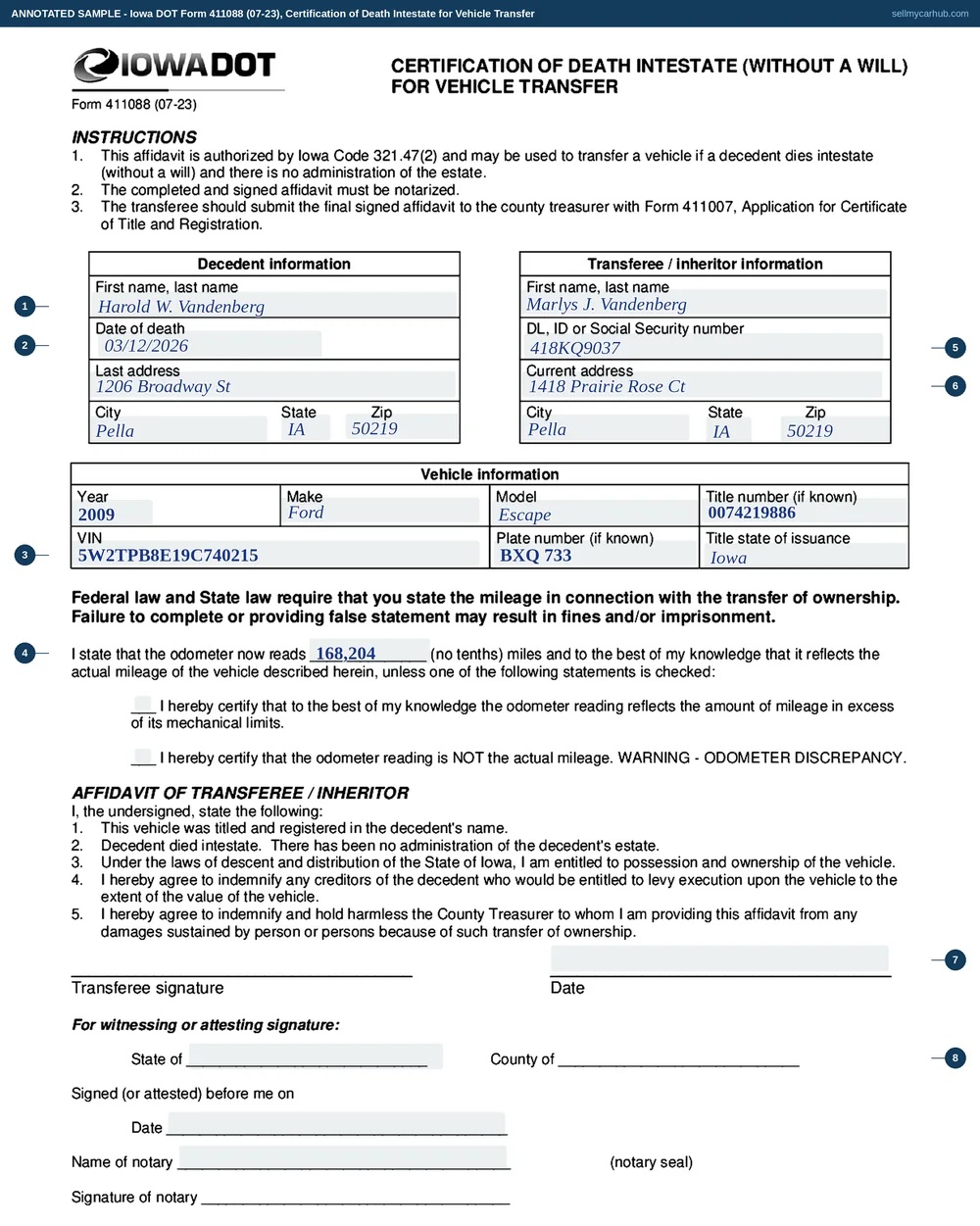 A completed Iowa DOT Form 411088, Certification of Death Intestate for Vehicle Transfer. The decedent block names Harold W. Vandenberg, a date of death of 12 March 2026, and a last address in Pella, Iowa. The transferee block names Marlys J. Vandenberg with an Iowa driving licence number and a Pella address. The vehicle block shows a 2009 Ford Escape with its title number, vehicle identification number, plate number and Iowa as the state of issuance. The odometer reads 168,204 miles with neither exception box ticked, and the notarial block at the foot of the page is shaded grey.