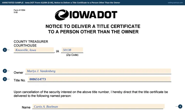 Top of our filled-in example of Iowa 411094, Notice to Deliver a Title Certificate to a Person Other Than the Owner