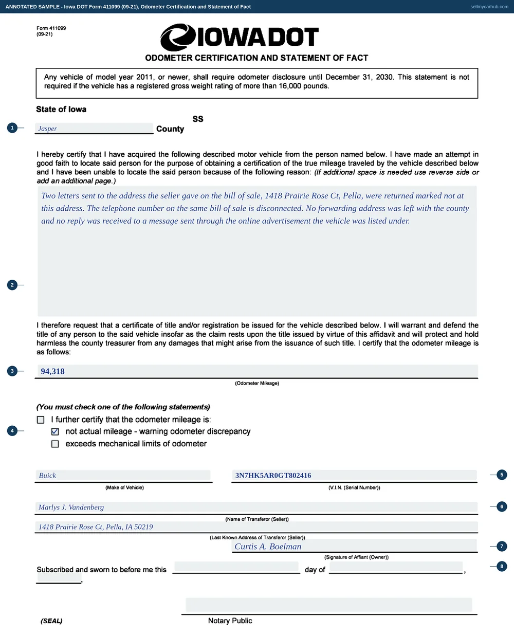 A completed Iowa DOT Form 411099, Odometer Certification and Statement of Fact, filled in from the buyer's side. The venue block names Jasper County, Iowa. The reason block explains that two letters to the seller's last known address were returned and no telephone number was answered. The odometer mileage is given as 94,318, the notation not actual mileage - warning odometer discrepancy is ticked, the vehicle is identified by make and vehicle identification number, and the transferor is named as Marlys J. Vandenberg of 1418 Prairie Rose Ct, Pella, Iowa. The affiant signature line is completed and the notary block at the foot is shaded grey.