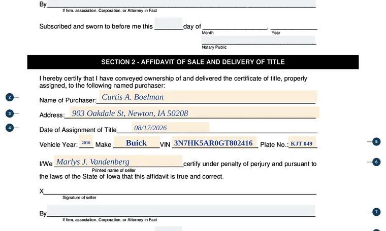 Part of our filled-in example of Iowa 411107, Notice of Sale of Vehicle and Delivery of Title, showing the filled-in entries