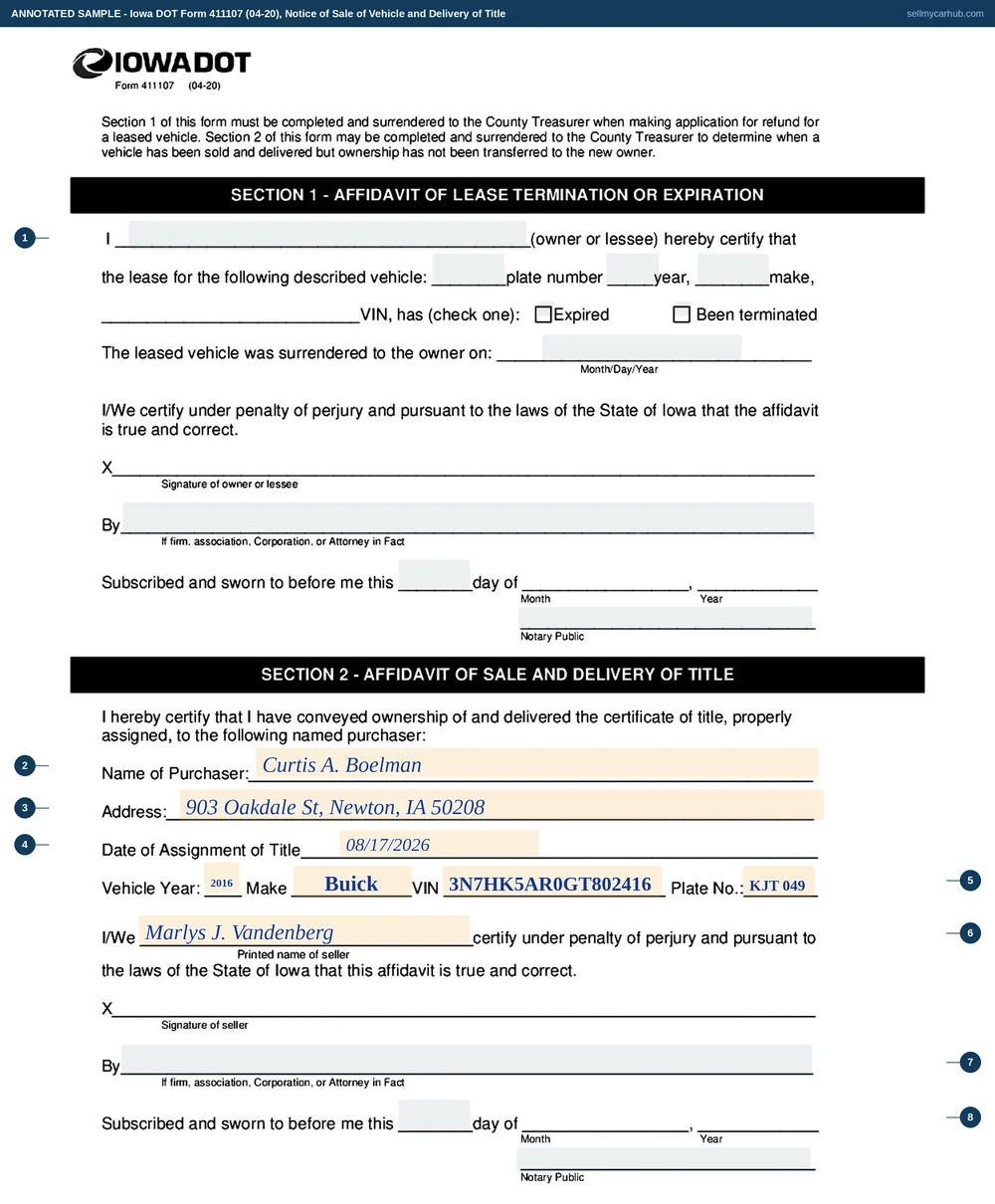 A completed Iowa DOT Form 411107, Notice of Sale of Vehicle and Delivery of Title, filled in as a private seller would complete Section 2: the purchaser named as Curtis A. Boelman of 903 Oakdale St, Newton, Iowa 50208, the date of assignment of title given as 17 August 2026, the vehicle described as a 2016 Buick with the vehicle identification number and the plate number KJT 049, and the printed name of the seller as Marlys J. Vandenberg. Section 1, the lease termination affidavit at the top of the page, is shaded grey as a block a private seller leaves empty.
