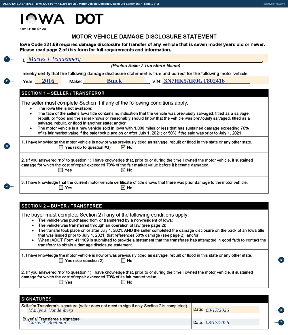 A completed Iowa DOT Form 411108, Motor Vehicle Damage Disclosure Statement, page one, filled in for a 2016 Buick with the seller printed as Marlys J. Vandenberg. In Section 1 the No box is ticked for question one, about salvage, rebuilt or flood titling; the No box is ticked for question two, about repair costs exceeding seventy per cent of fair market value; and the No box is ticked for question three, about prior damage shown on the certificate of title. Section 2, the buyer's half, is shaded grey. The seller's signature and date are completed at the foot of the page and the buyer's signature line beneath is completed as well.