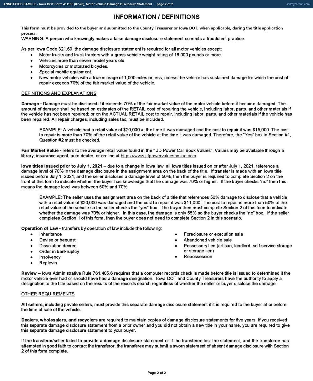 A completed Iowa DOT Form 411108, Motor Vehicle Damage Disclosure Statement, page one, filled in for a 2016 Buick with the seller printed as Marlys J. Vandenberg. In Section 1 the No box is ticked for question one, about salvage, rebuilt or flood titling; the No box is ticked for question two, about repair costs exceeding seventy per cent of fair market value; and the No box is ticked for question three, about prior damage shown on the certificate of title. Section 2, the buyer's half, is shaded grey. The seller's signature and date are completed at the foot of the page and the buyer's signature line beneath is completed as well.