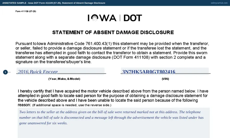 Top of our filled-in example of Iowa 411109, Statement of Absent Damage Disclosure