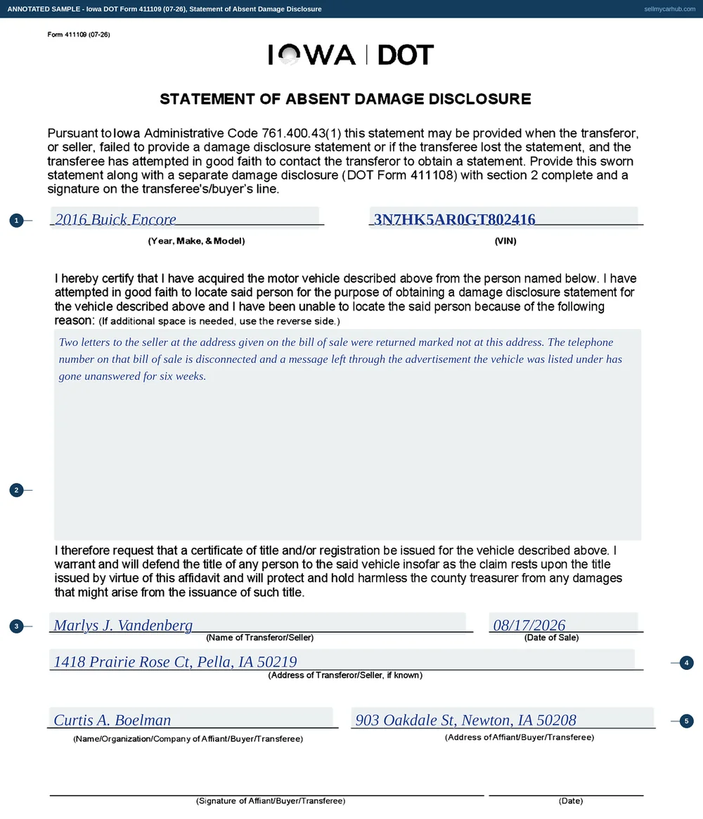 A completed Iowa DOT Form 411109, Statement of Absent Damage Disclosure, sworn by a buyer. The vehicle boxes give a 2016 Buick Encore and its vehicle identification number. The reason block explains that two letters sent to the seller's last known address were returned marked not at this address and that no telephone contact was made. The transferor is named as Marlys J. Vandenberg with a Pella, Iowa address and a date of sale of 17 August 2026, and the affiant is Curtis A. Boelman of Newton, Iowa, with his signature and the date completed at the foot.