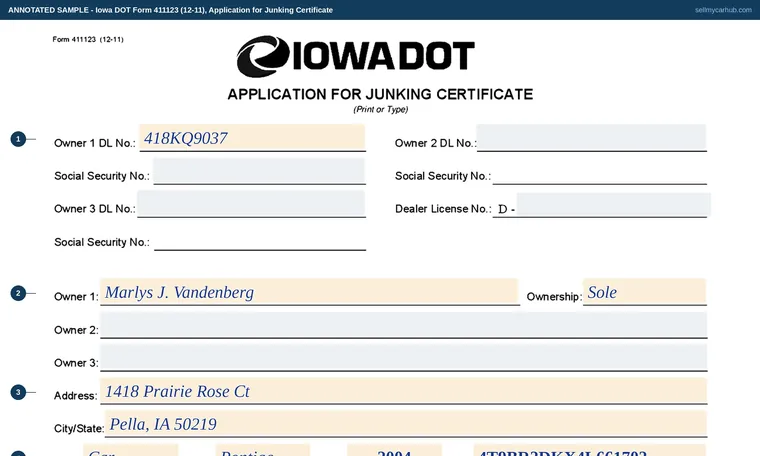 Top of our filled-in example of Iowa 411123, Application for Junking Certificate