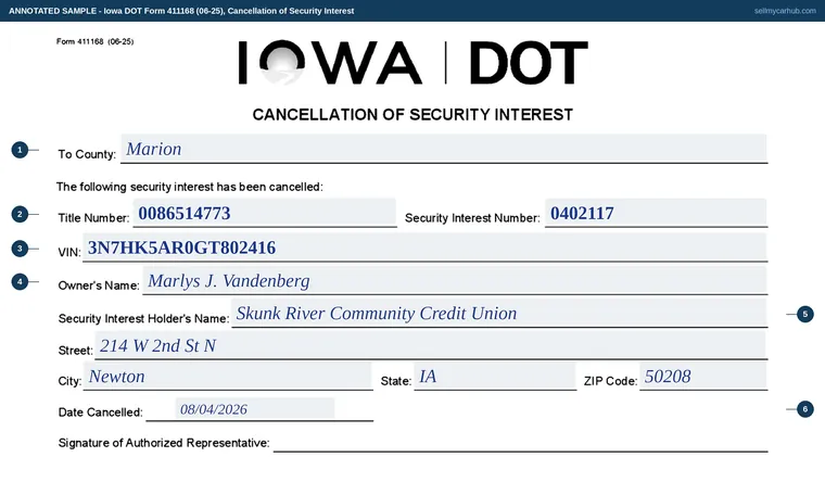 Top of our filled-in example of Iowa 411168, Cancellation of Security Interest