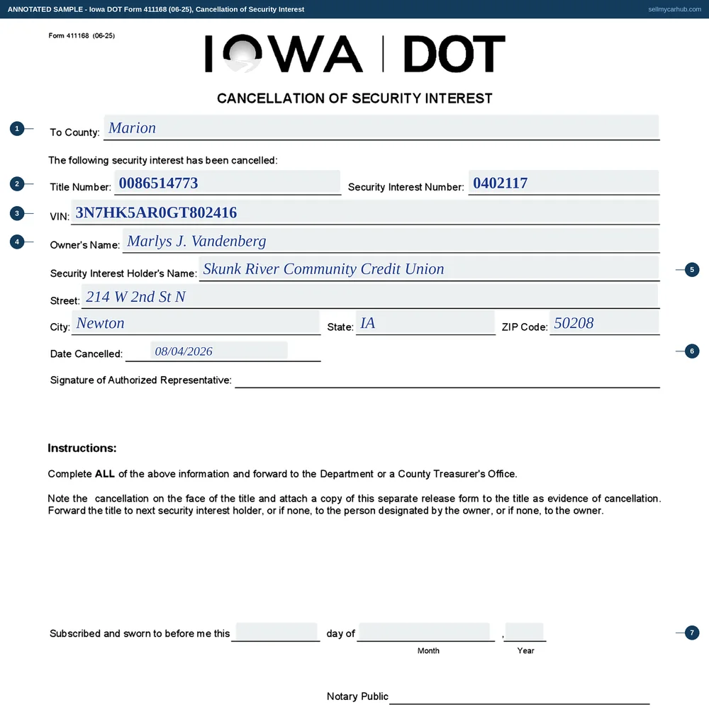 A completed Iowa DOT Form 411168, Cancellation of Security Interest, addressed to Marion County. The title number and security interest number are filled in, the vehicle identification number is given, the owner is Marlys J. Vandenberg and the security interest holder is Skunk River Community Credit Union of 214 W 2nd St N, Newton, Iowa 50208. The date cancelled reads 4 August 2026. The notary block at the foot of the page is shaded grey.