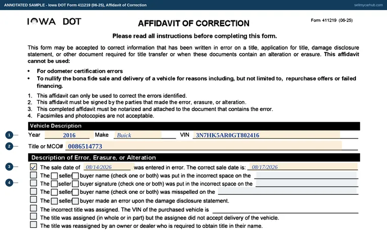 Top of our filled-in example of Iowa 411219, Affidavit of Correction