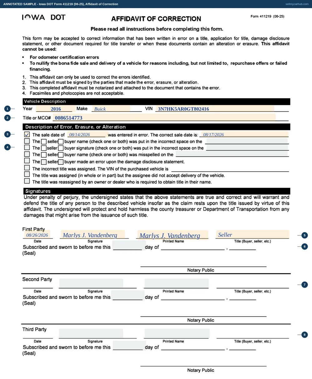 A completed Iowa DOT Form 411219, Affidavit of Correction, for a 2016 Buick. The vehicle description boxes carry the year, make, vehicle identification number and title number. The first tick box is marked, recording that the sale date of 14 August 2026 was entered in error and that the correct sale date is 17 August 2026. The remaining six description boxes are shaded grey. In the First Party block the date, printed name Marlys J. Vandenberg and the role Seller are completed, and the notary blocks for all three parties are shaded grey.