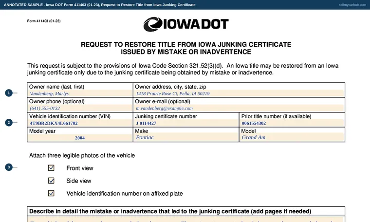 Top of our filled-in example of Iowa 411403, Request to Restore Title from Iowa Junking Certificate Issued by Mistake or Inadvertence
