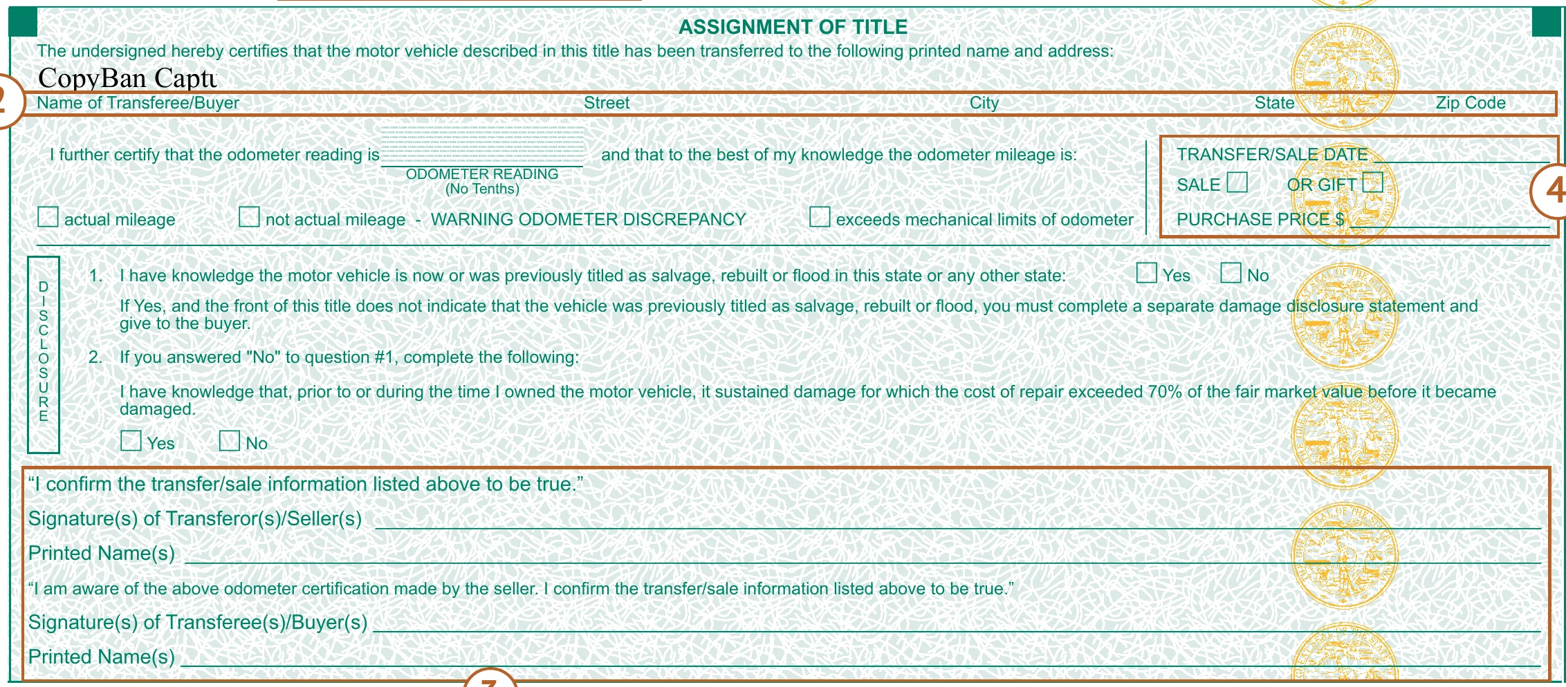 The assignment area on the back of an Iowa Certificate of Title, reproduced from the Motor Vehicle Division's own explainer MM1431. Across the top, under the heading ASSIGNMENT OF TITLE, a line for the printed name and address of the transferee or buyer with columns for street, city, state and zip code. Below it the odometer certification, with a box for the reading marked ODOMETER READING (No Tenths) and three tick boxes reading actual mileage, not actual mileage - WARNING ODOMETER DISCREPANCY, and exceeds mechanical limits of odometer. To the right a boxed panel headed TRANSFER/SALE DATE with tick boxes marked SALE and OR GIFT and a line reading PURCHASE PRICE. Beneath these a block marked DISCLOSURE down its left edge, carrying two numbered questions about salvage, rebuilt or flood titling and about repair costs exceeding seventy per cent of fair market value, each with Yes and No boxes. At the foot, signature and printed name lines for the transferors or sellers above a statement beginning I confirm the transfer/sale information listed above to be true, and signature and printed name lines for the transferees or buyers under a statement beginning I am aware of the above odometer certification made by the seller.