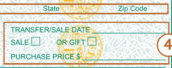 A close crop of the top right of the assignment area on an Iowa Certificate of Title, showing a boxed panel headed TRANSFER/SALE DATE with a blank line beneath it, a row of two tick boxes labelled SALE and OR GIFT, and a line reading PURCHASE PRICE with a dollar sign and a blank.