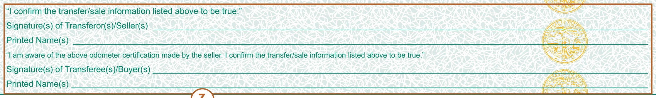A close crop of the foot of the assignment area on an Iowa Certificate of Title, outlined in the department's own orange. It shows a statement reading I confirm the transfer/sale information listed above to be true, above a ruled line labelled Signature(s) of Transferor(s)/Seller(s) and a second line labelled Printed Name(s). Below those, a second statement reading I am aware of the above odometer certification made by the seller, I confirm the transfer/sale information listed above to be true, above a line labelled Signature(s) of Transferee(s)/Buyer(s) and a further line labelled Printed Name(s).