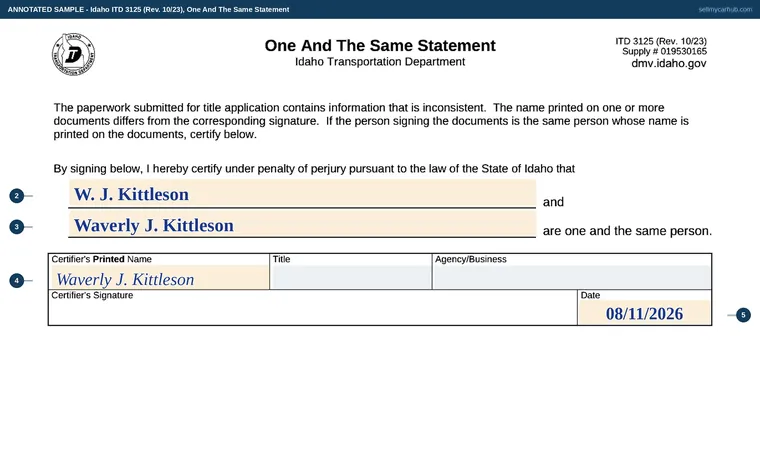 Top of our filled-in example of Idaho 3125, One And The Same Statement