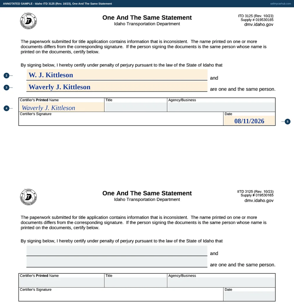 Idaho form ITD 3125, One And The Same Statement, filled in to certify that W. J. Kittleson, the name printed on a certificate of title, and Waverly J. Kittleson, the name signed on the assignment, are one and the same person, signed and dated 11 August 2026.