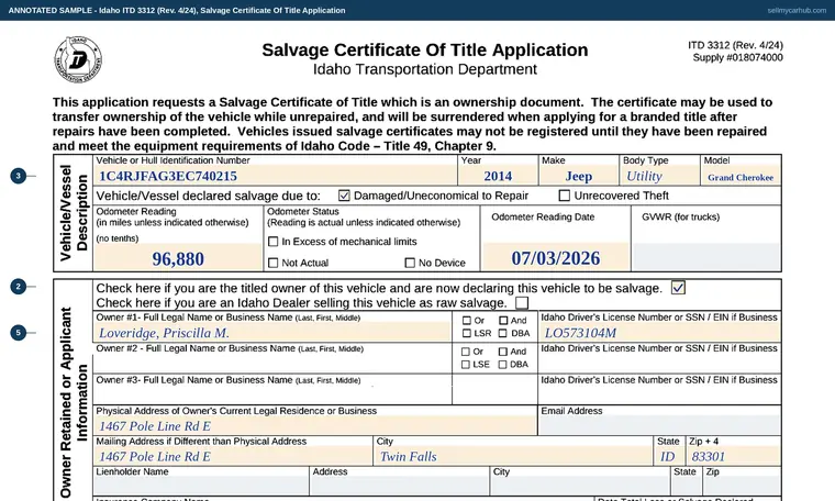 Top of our filled-in example of Idaho 3312, Salvage Certificate Of Title Application