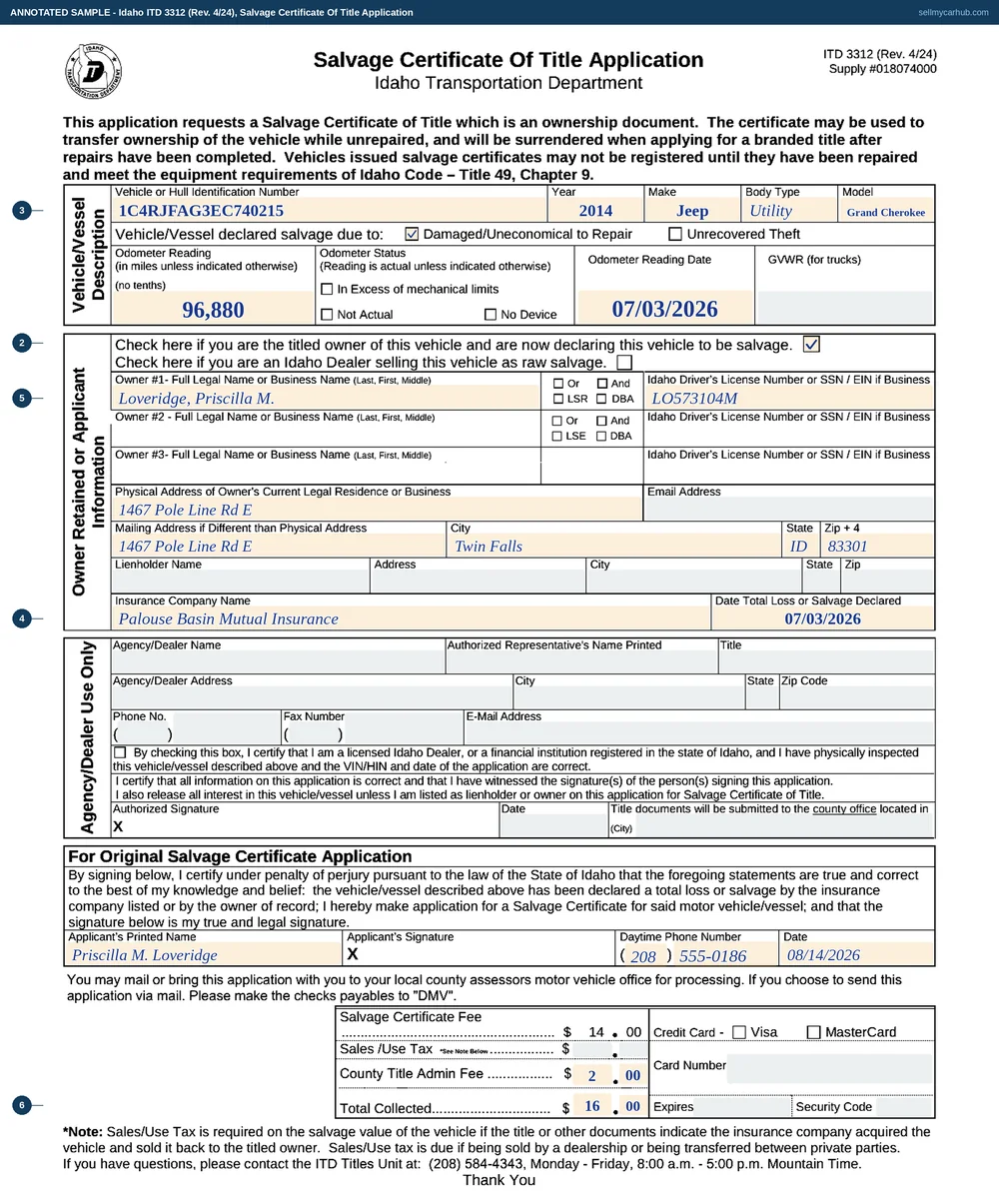 Idaho form ITD 3312, Salvage Certificate Of Title Application, filled in by Priscilla M. Loveridge of Twin Falls for a 2014 Jeep Grand Cherokee, vehicle identification number 1C4RJFAG3EC740215, declared a total loss by Palouse Basin Mutual Insurance on 3 July 2026, with the owner-retained declaration box ticked and an odometer reading of 96,880.