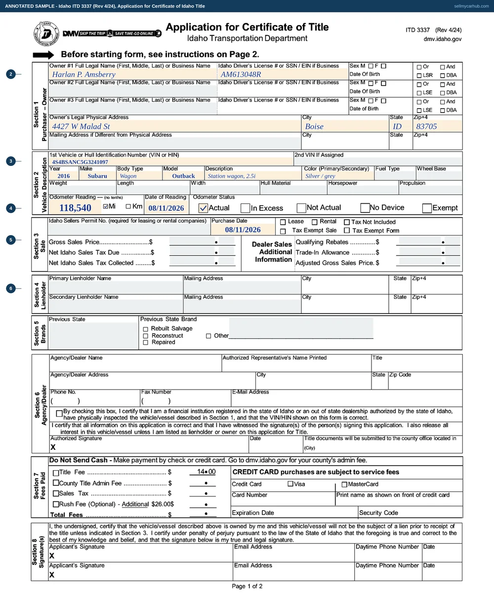 Idaho form ITD 3337, Application for Certificate of Idaho Title, filled in for Harlan P. Amsberry of Boise as owner of a 2016 Subaru Outback wagon, vehicle identification number 4S4BSANC5G3241097, odometer 118,540 actual miles, purchased on 11 August 2026, with no lienholder and no previous state brand.