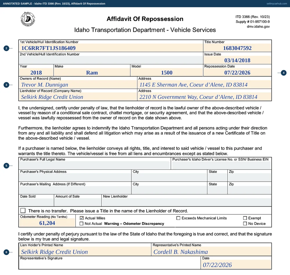 Idaho form ITD 3366, Affidavit Of Repossession, filled in by Selkirk Ridge Credit Union of Coeur d'Alene for a 2018 Ram 1500, vehicle identification number 1C6RR7FT1JS186409, repossessed from owner of record Trevor M. Dunnigan on 22 July 2026, with the purchaser block left for the lender's onward sale.