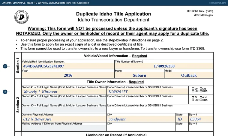 Top of our filled-in example of Idaho 3367, Duplicate Idaho Title Application