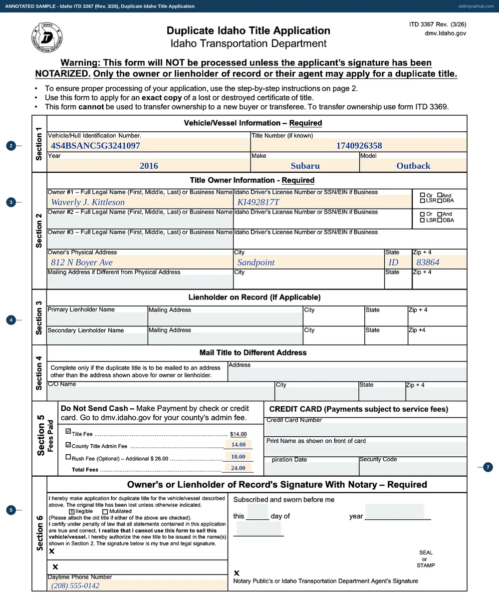 Idaho form ITD 3367, Duplicate Idaho Title Application, filled in by Waverly J. Kittleson of Sandpoint for a 2016 Subaru Outback, vehicle identification number 4S4BSANC5G3241097, title number 1740926358, with no lienholder and no alternative mailing address.