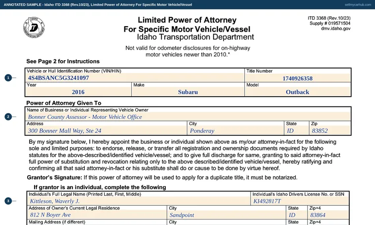 Top of our filled-in example of Idaho 3368, Limited Power of Attorney For Specific Motor Vehicle/Vessel
