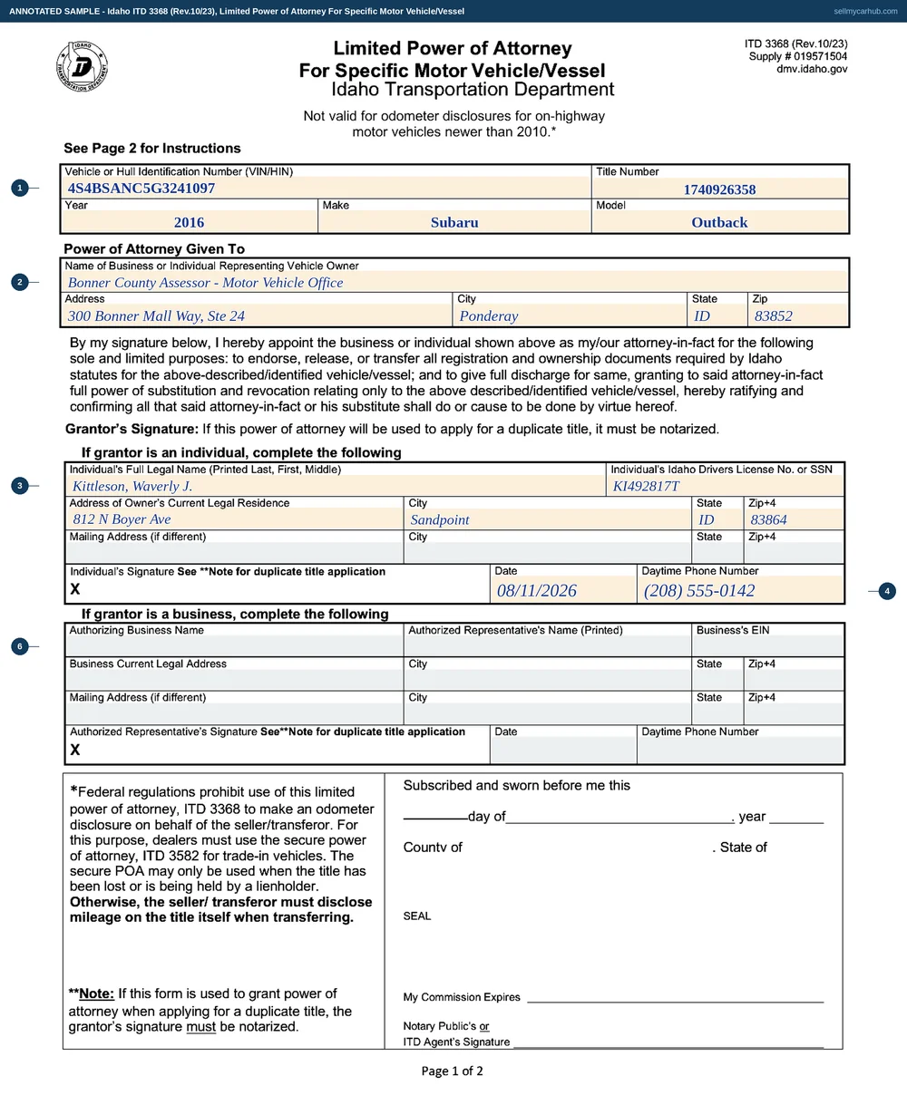 Idaho form ITD 3368, Limited Power of Attorney for a specific motor vehicle, granted by Waverly J. Kittleson of Sandpoint to the Bonner County Assessor's motor vehicle office for a 2016 Subaru Outback, vehicle identification number 4S4BSANC5G3241097, title number 1740926358, signed on 11 August 2026.