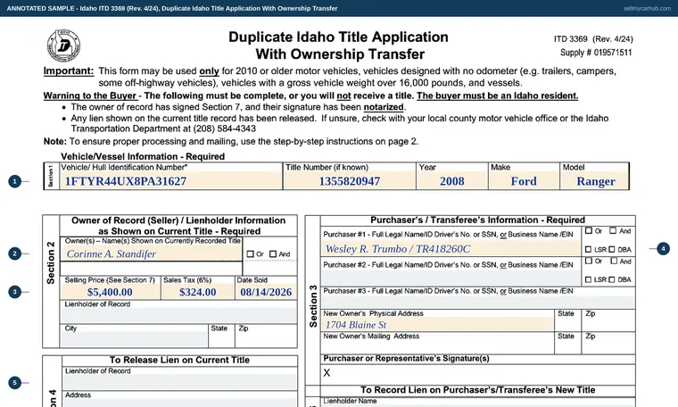 Top of our filled-in example of Idaho 3369, Duplicate Idaho Title Application With Ownership Transfer