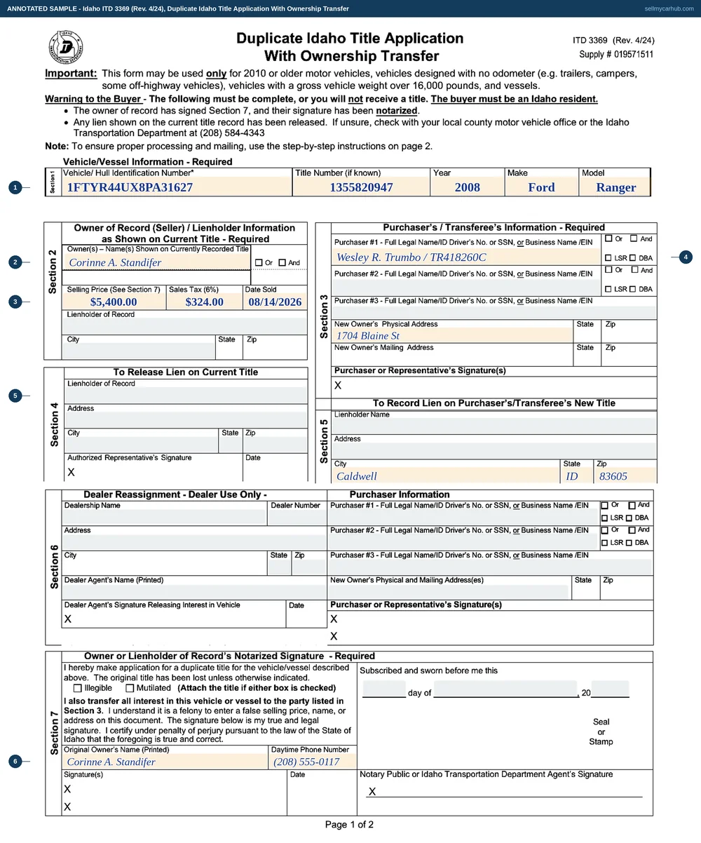 Idaho form ITD 3369, Duplicate Idaho Title Application With Ownership Transfer, filled in for a 2008 Ford Ranger, vehicle identification number 1FTYR44UX8PA31627, sold by Corinne A. Standifer of Nampa for $5,400.00 on 14 August 2026 to Wesley R. Trumbo of Caldwell, with no lienholder to release and no dealer reassignment.