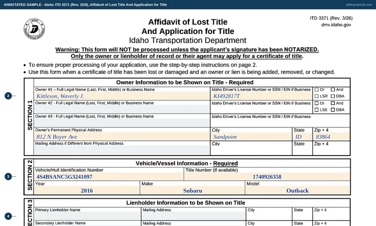 Top of our filled-in example of Idaho 3371, Affidavit of Lost Title And Application for Title