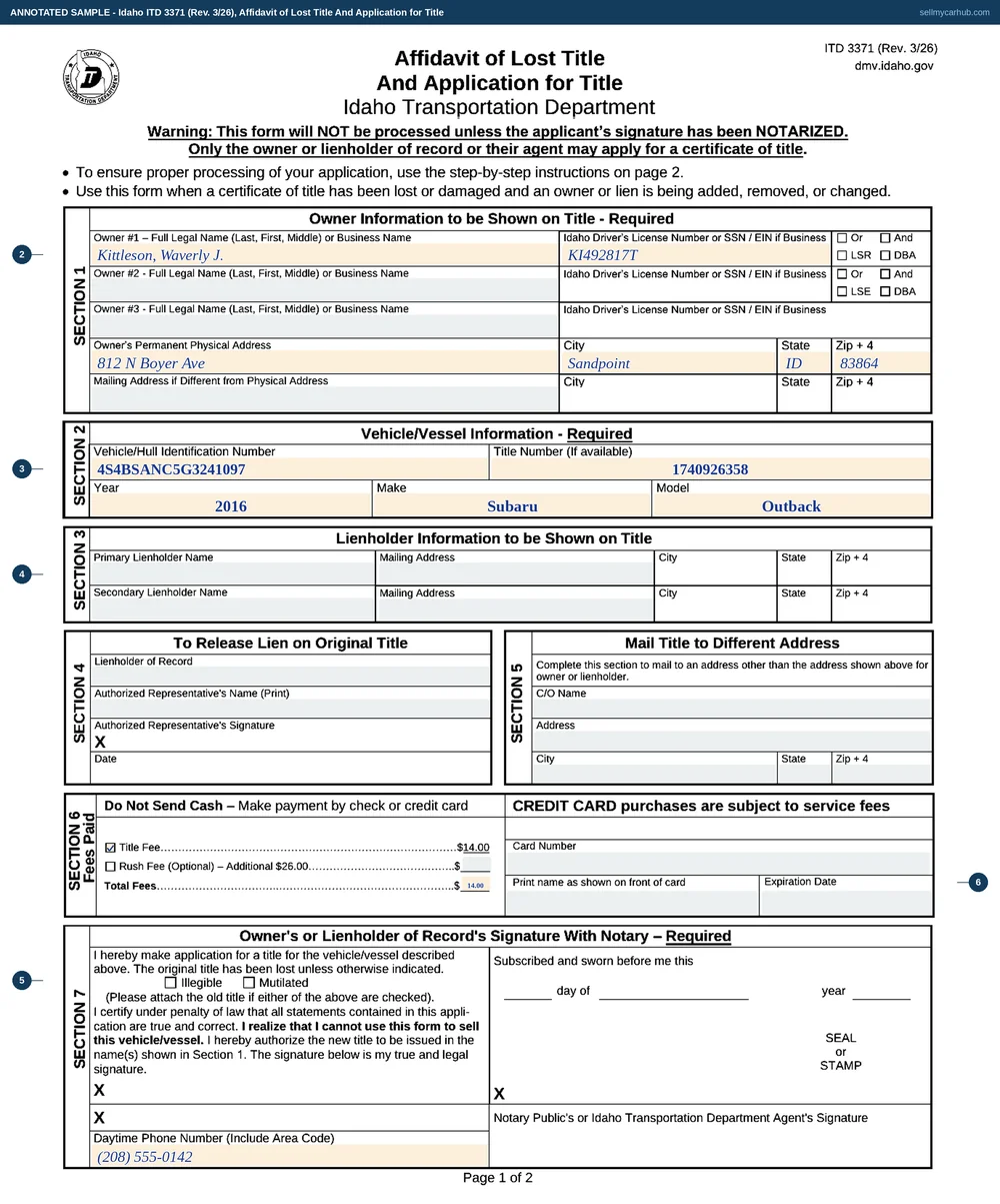 Idaho form ITD 3371, Affidavit of Lost Title And Application for Title, filled in by Waverly J. Kittleson of Sandpoint for a 2016 Subaru Outback, vehicle identification number 4S4BSANC5G3241097, title number 1740926358, applying for a replacement title with no lienholder to be shown and none to release.