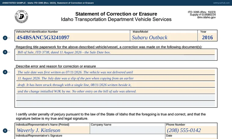Top of our filled-in example of Idaho 3395, Statement of Correction or Erasure
