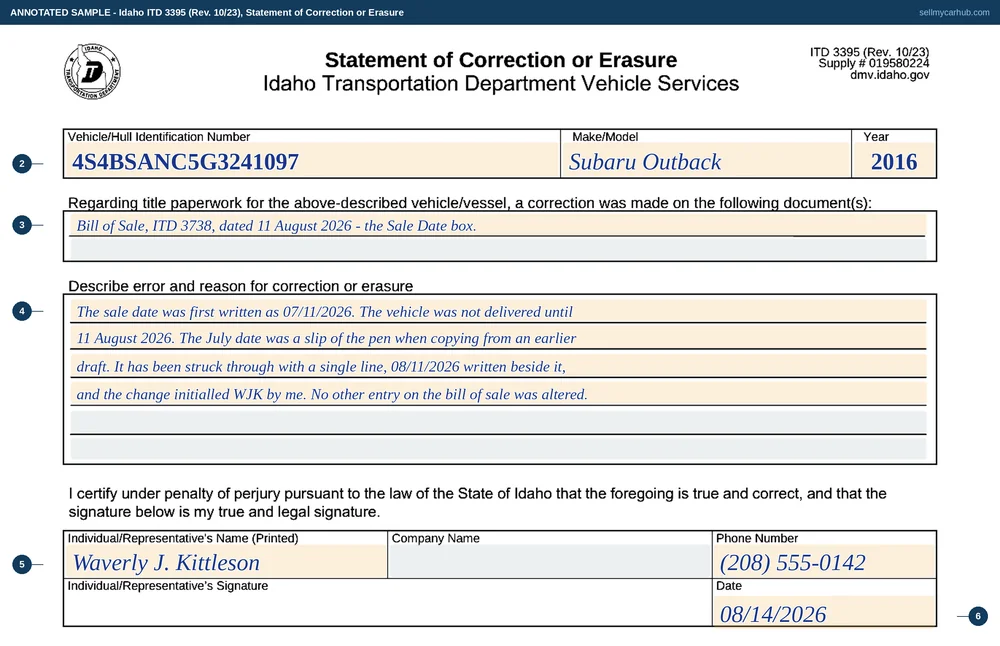 Idaho form ITD 3395, Statement of Correction or Erasure, filled in by Waverly J. Kittleson for a 2016 Subaru Outback, vehicle identification number 4S4BSANC5G3241097, explaining that the date of sale on the bill of sale was written as 11 July 2026 in error, struck through and rewritten as 11 August 2026, and initialled.