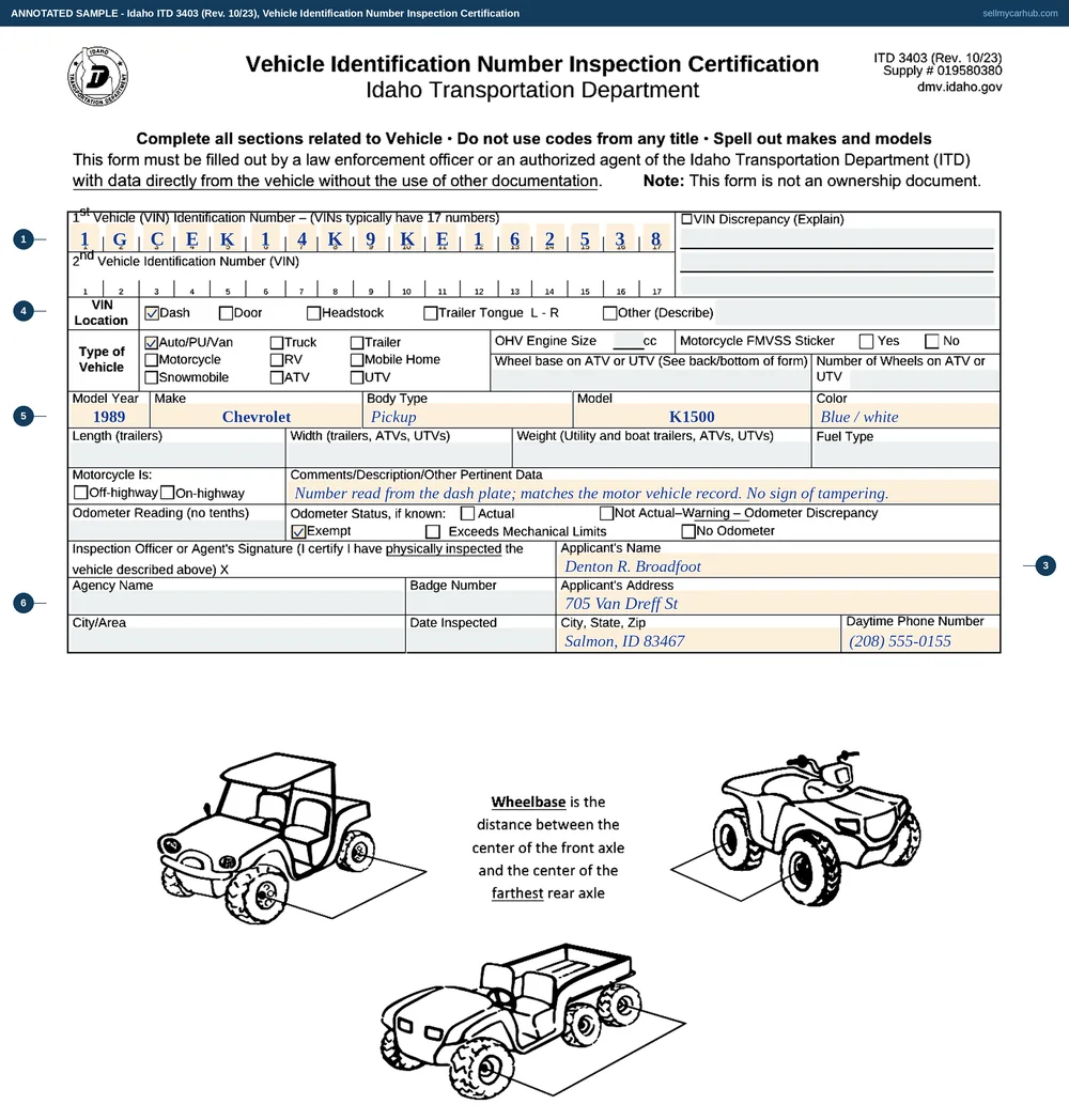 Idaho form ITD 3403, Vehicle Identification Number Inspection Certification, completed for a 1989 Chevrolet K1500 pickup, vehicle identification number 1GCEK14K9KE162538 entered one character per box, read from the dash, with the applicant shown as Denton R. Broadfoot of Salmon and the odometer status recorded as exempt.