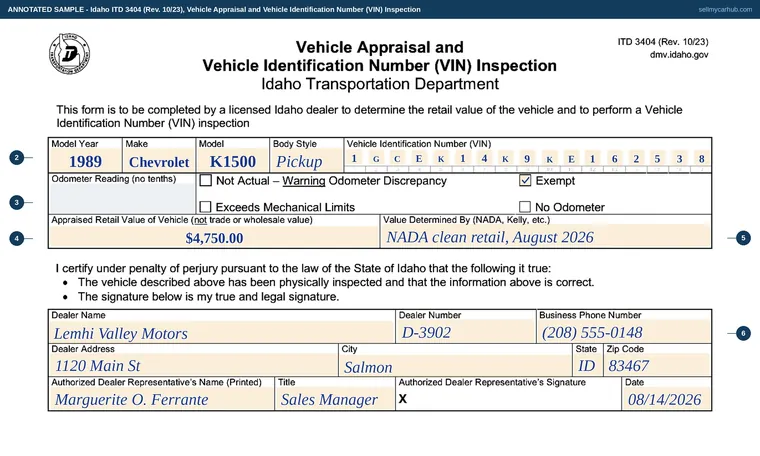 Top of our filled-in example of Idaho 3404, Vehicle Appraisal and Vehicle Identification Number (VIN) Inspection