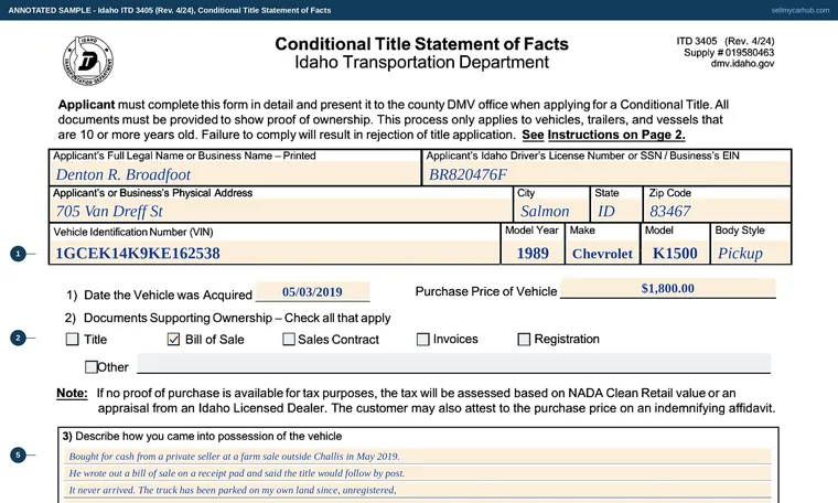 Top of our filled-in example of Idaho 3405, Conditional Title Statement of Facts