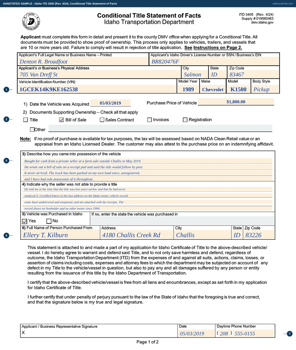 Idaho form ITD 3405, Conditional Title Statement of Facts, filled in by Denton R. Broadfoot of Salmon for a 1989 Chevrolet K1500 pickup, vehicle identification number 1GCEK14K9KE162538, acquired on 3 May 2019 for $1,800.00, supported by a bill of sale, describing how the vehicle was bought and why the seller could not provide a title.