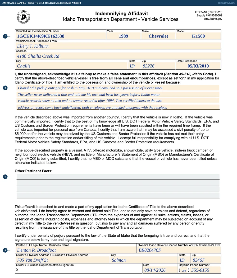 Idaho form ITD 3410, Indemnifying Affidavit, filled in by Denton R. Broadfoot of Salmon for a 1989 Chevrolet K1500 pickup, vehicle identification number 1GCEK14K9KE162538, bought from a private seller in Challis on 3 May 2019, explaining how the vehicle came into his possession and that the title was never delivered.
