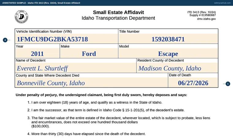 Top of our filled-in example of Idaho 3413, Small Estate Affidavit