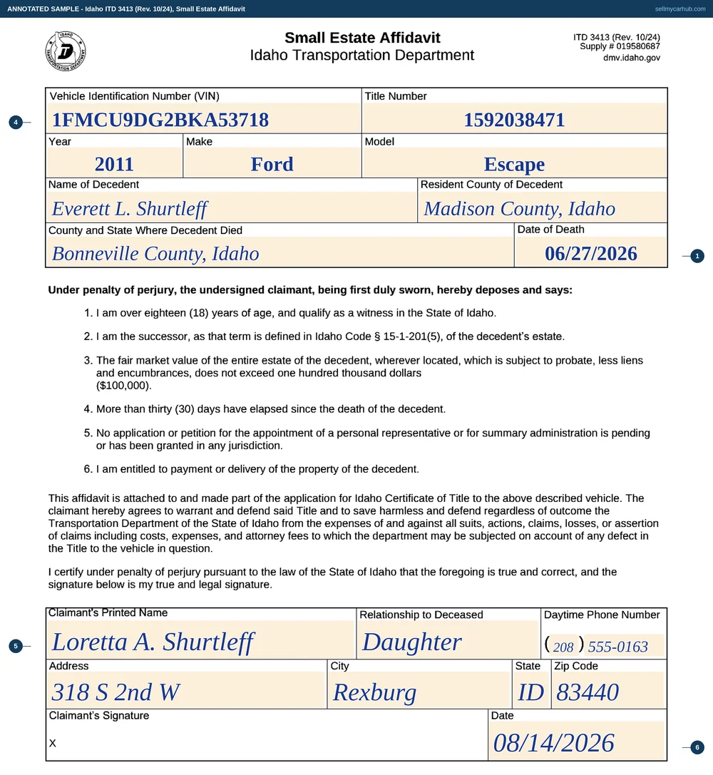 Idaho form ITD 3413, Small Estate Affidavit, filled in by Loretta A. Shurtleff of Rexburg as daughter and successor of Everett L. Shurtleff of Madison County, who died in Bonneville County, Idaho on 27 June 2026, claiming a 2011 Ford Escape, vehicle identification number 1FMCU9DG2BKA53718, title number 1592038471.