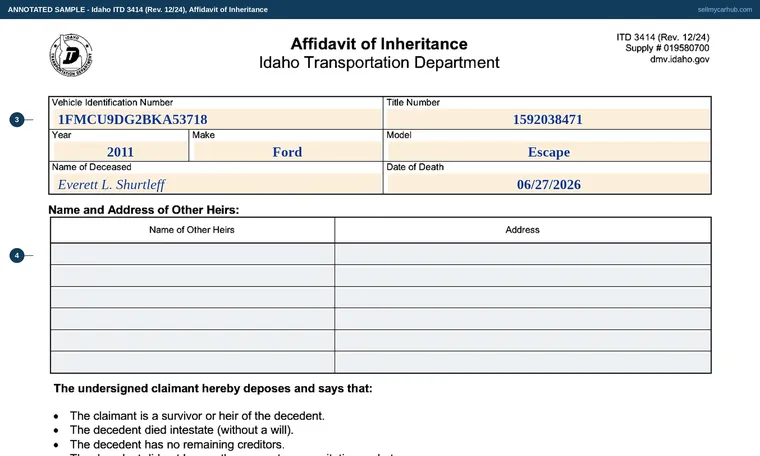 Top of our filled-in example of Idaho 3414, Affidavit of Inheritance