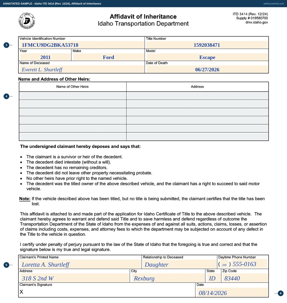 Idaho form ITD 3414, Affidavit of Inheritance, filled in by Loretta A. Shurtleff of Rexburg as daughter of Everett L. Shurtleff, who died on 27 June 2026, claiming a 2011 Ford Escape, vehicle identification number 1FMCU9DG2BKA53718, title number 1592038471, with no other heirs listed.